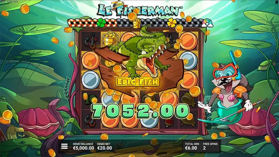 Le Fisherman slot gameplay showing cascading cluster wins on the 6x5 grid